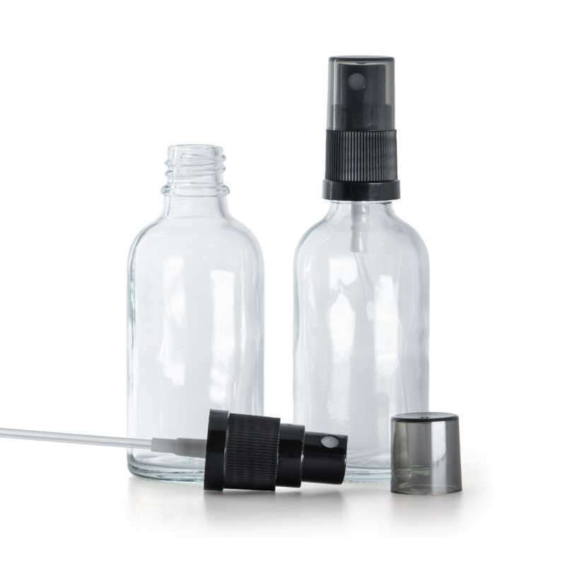Frasco de vidrio transparente, pulverizador negro, sobretapa ahumada, 50 ml