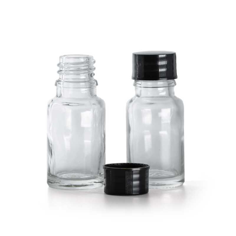 Botella de vidrio, transparente, tapón negro, 10 ml