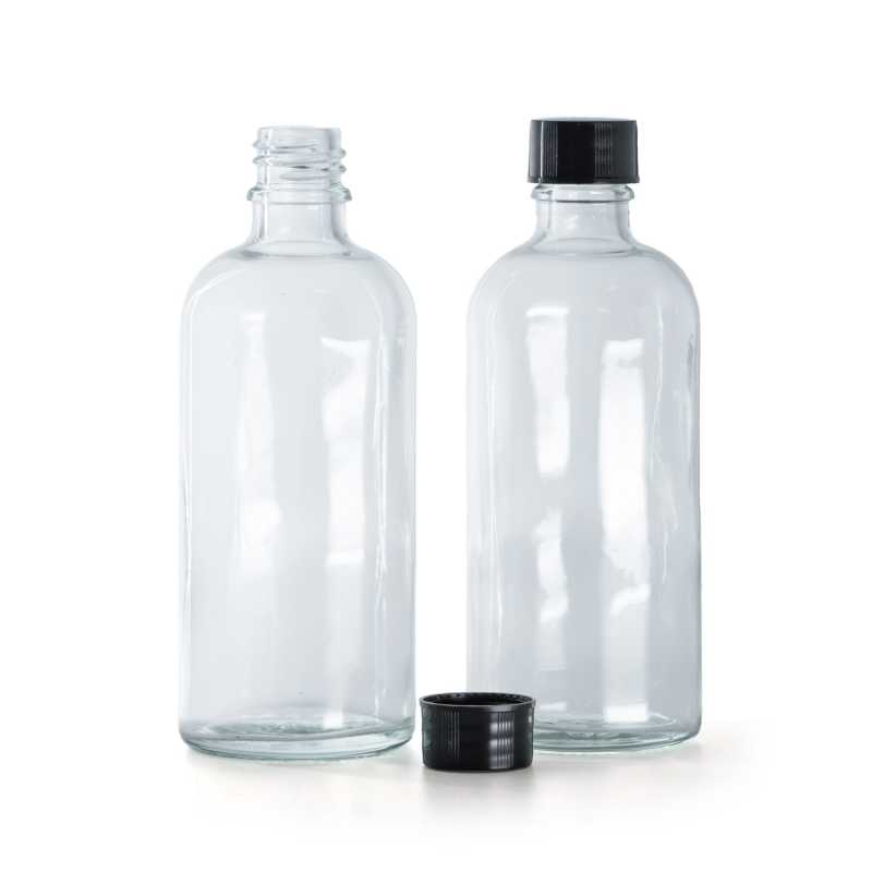 Botella de vidrio, transparente, tapón negro, 100 ml
