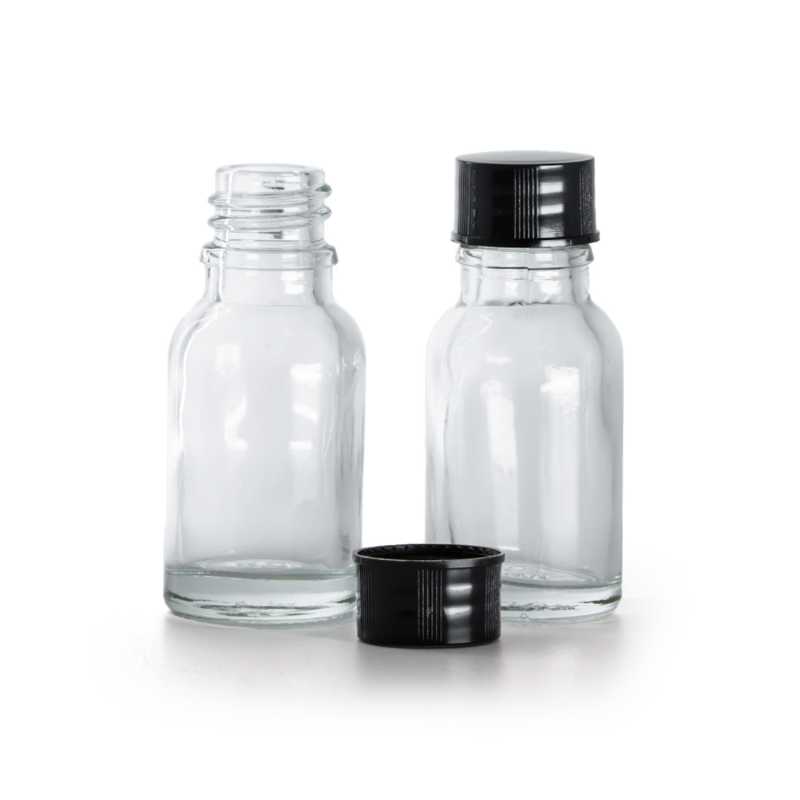 Botella de vidrio, transparente, tapón negro, 15 ml