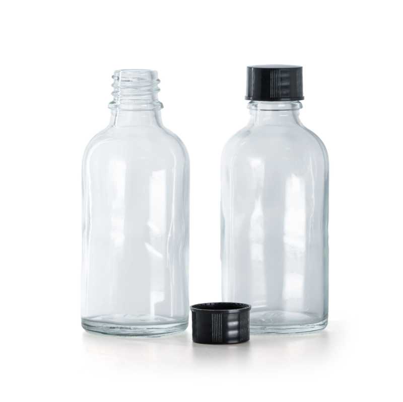 Botella de vidrio, transparente, tapón negro, 30 ml