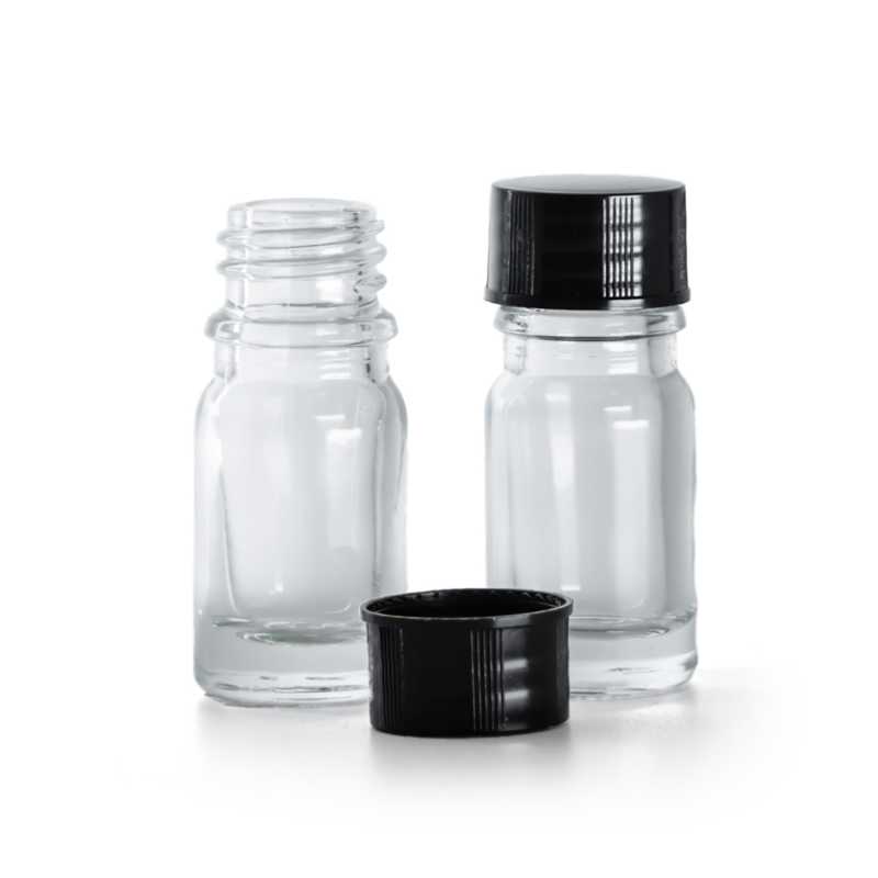 Botella de vidrio, transparente, tapón negro, 5 ml