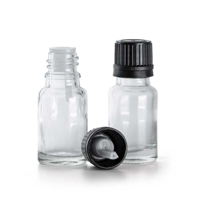 Frasco de vidrio transparente, tapón negro con cuentagotas, 10 ml