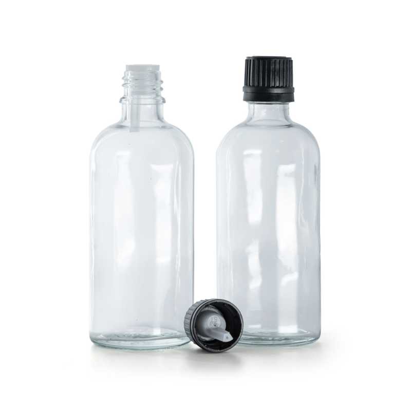 Frasco de vidrio transparente, tapón negro con cuentagotas, 100 ml