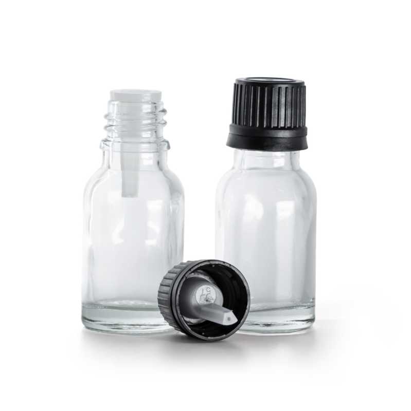 Frasco de vidrio transparente, tapón negro con cuentagotas, 15 ml