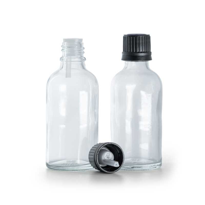 Frasco de vidrio transparente, tapón negro con cuentagotas, 30 ml