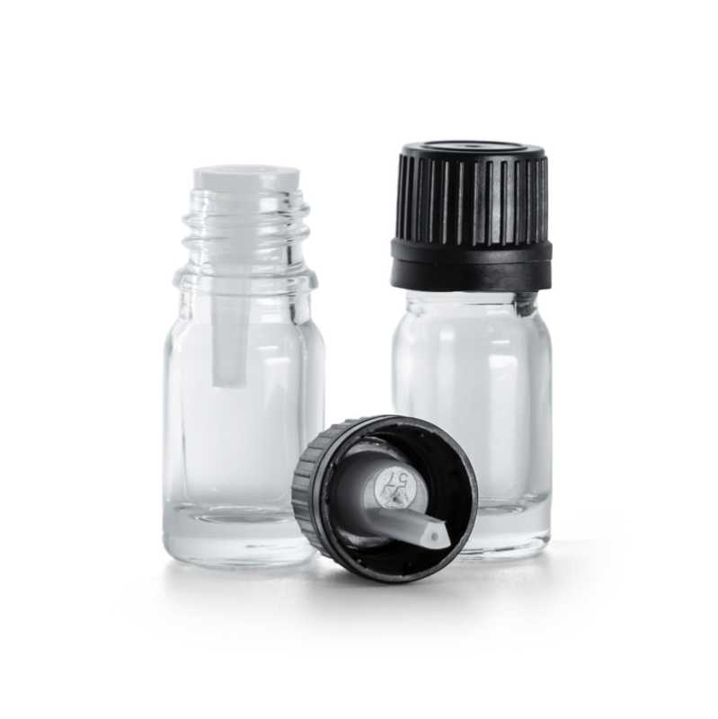 Frasco de vidrio transparente, tapón negro con cuentagotas, 5 ml