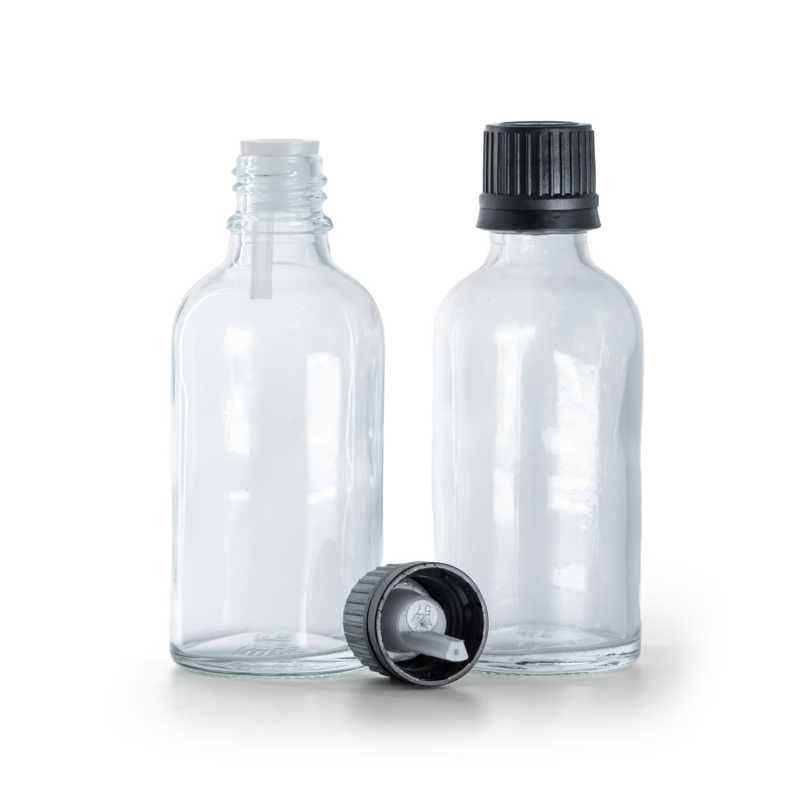 Frasco de vidrio transparente, tapón negro con cuentagotas interior, 50 ml