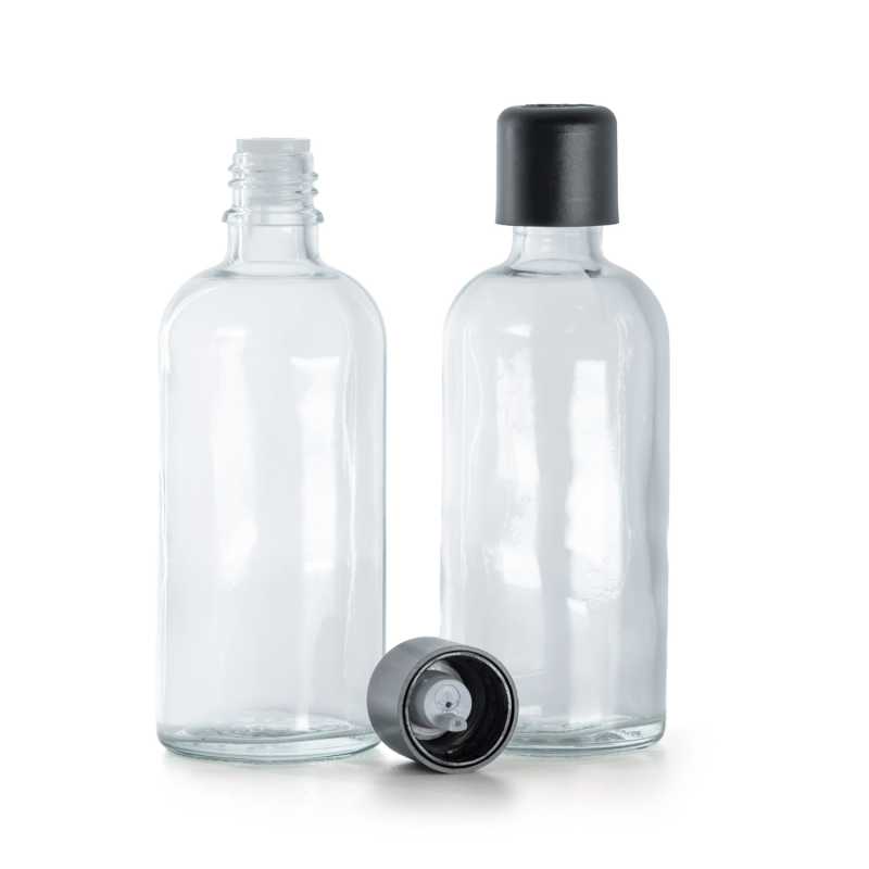 Botella de vidrio, transparente, tapón de seguridad negro con cuentagotas, 100 ml