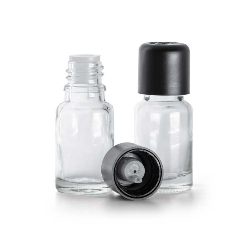 Botella de vidrio, transparente, tapón de seguridad inviolable negro con cuentagotas, 10 ml