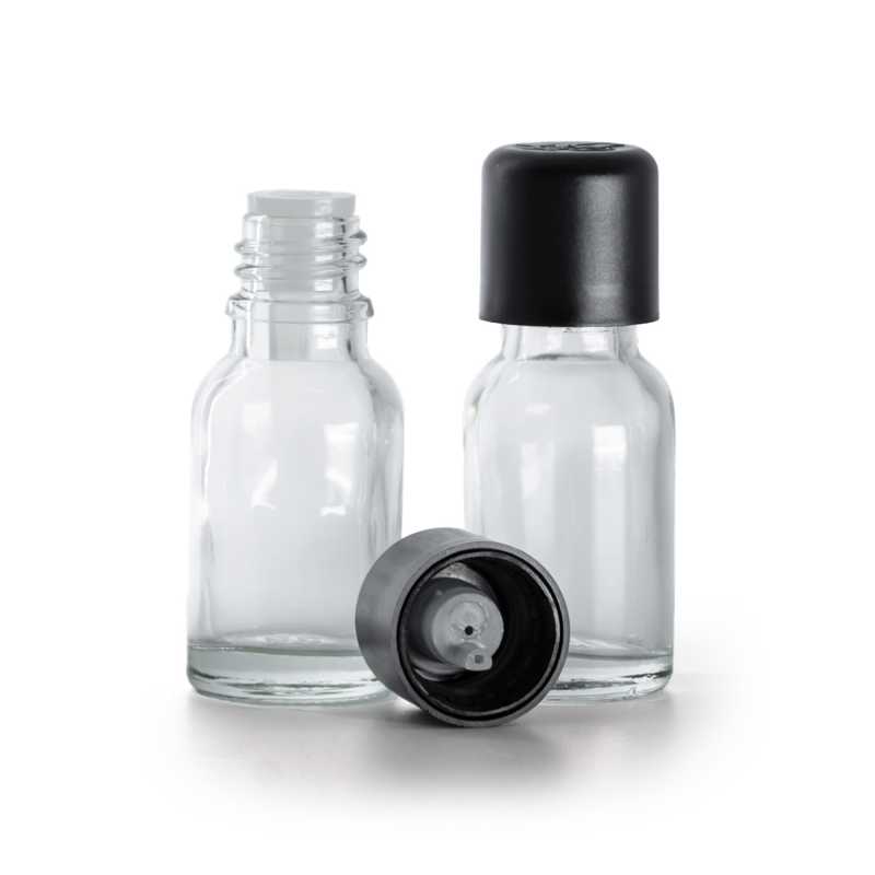 Frasco de vidrio, transparente, tapón de seguridad inviolable negro con cuentagotas, 15 ml