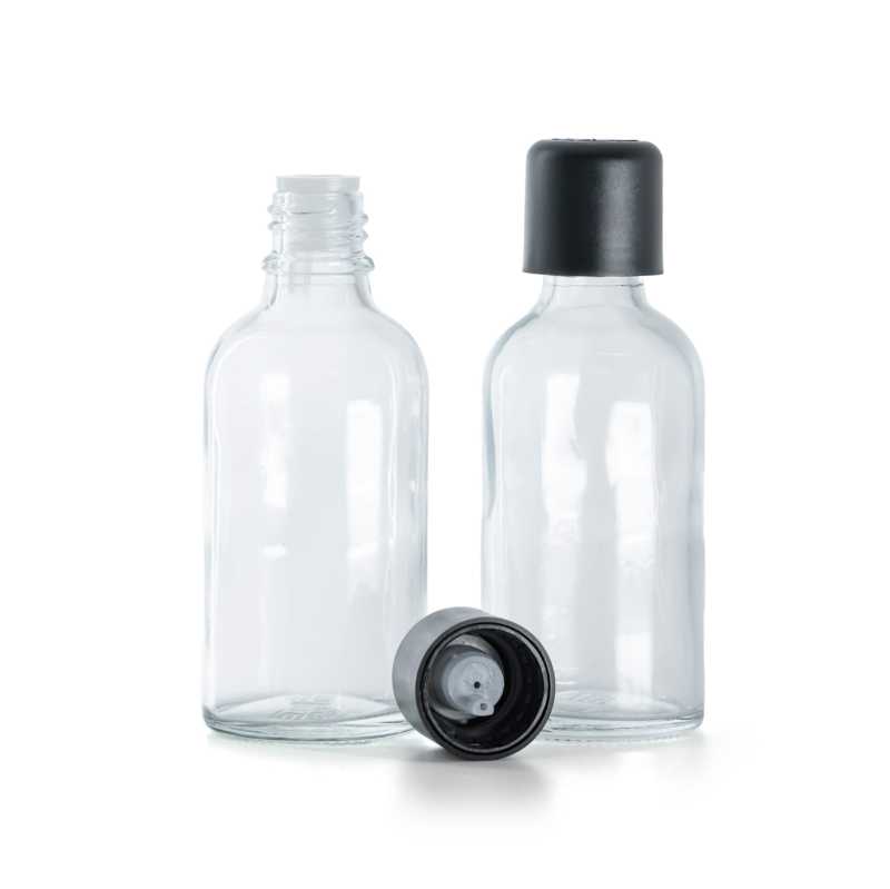 Botella de vidrio, transparente, tapón de seguridad inviolable negro con cuentagotas, 30 ml