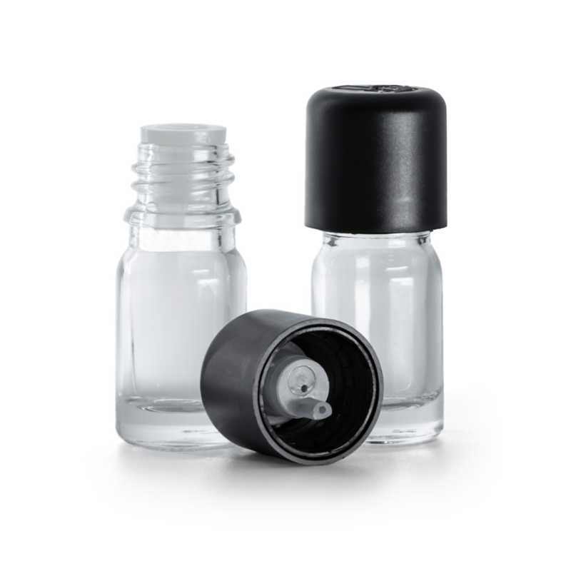 Botella de vidrio transparente, tapón de seguridad negro con cuentagotas, 5 ml