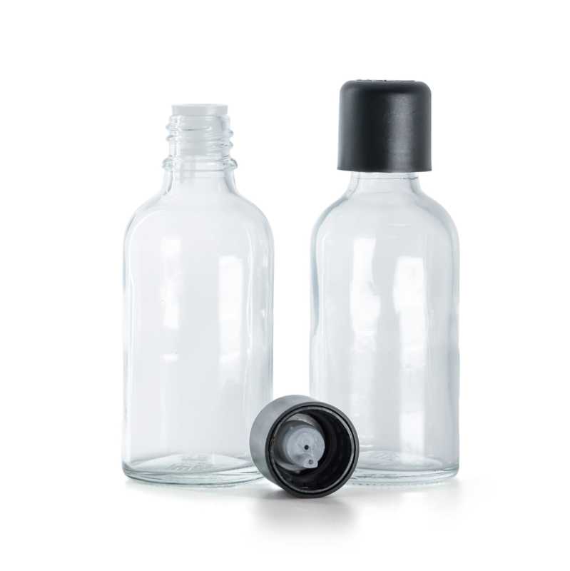 Botella de vidrio, transparente, tapón de seguridad inviolable negro con cuentagotas, 50 ml