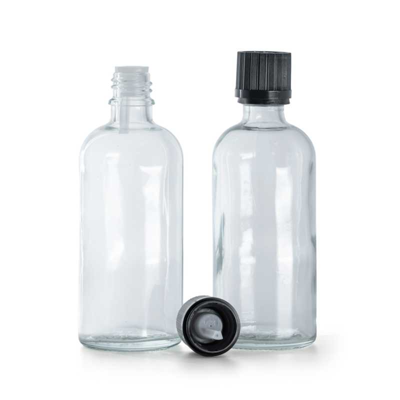 Frasco de vidrio, transparente, tapón de seguridad negro con cuentagotas, 100 ml