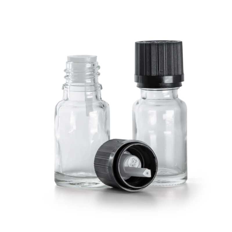 Botella de vidrio transparente, tapón de seguridad negro con cuentagotas, 10 ml