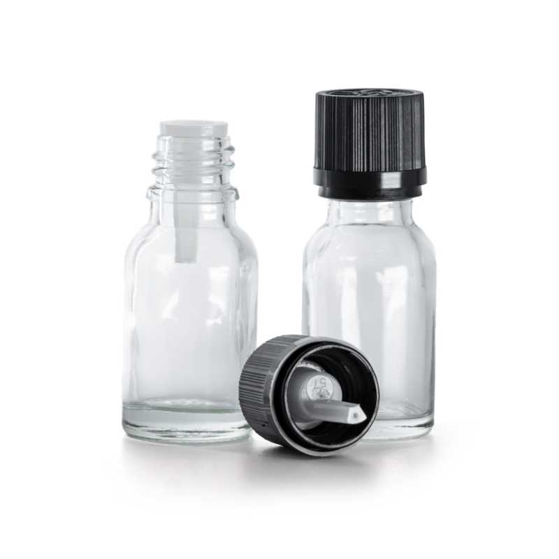 Botella de vidrio, transparente, tapón de seguridad negro con cuentagotas, 15 ml