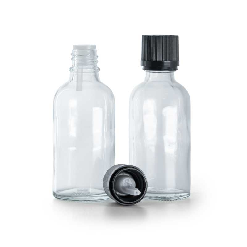 Botella de vidrio, transparente, tapón de seguridad negro con cuentagotas, 30 ml