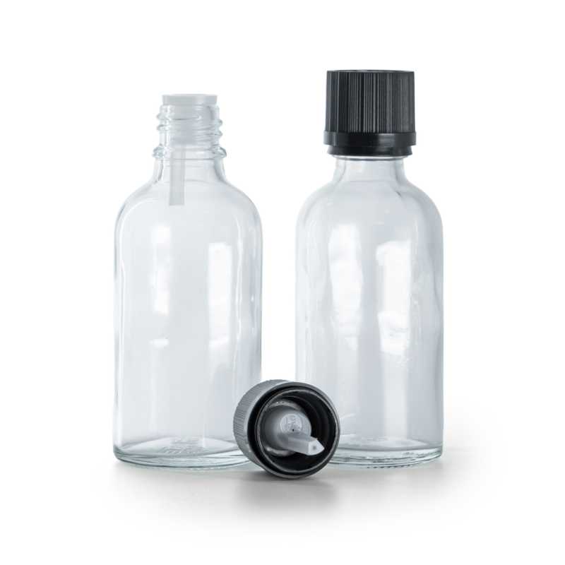 Botella de vidrio, transparente, tapón negro de seguridad con cuentagotas, 50 ml