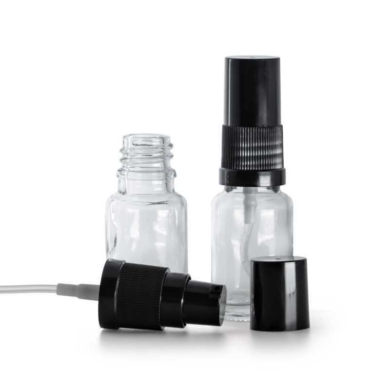 Botella de vidrio, transparente, dispensador de loción con sobre-tapa negra, 10 ml