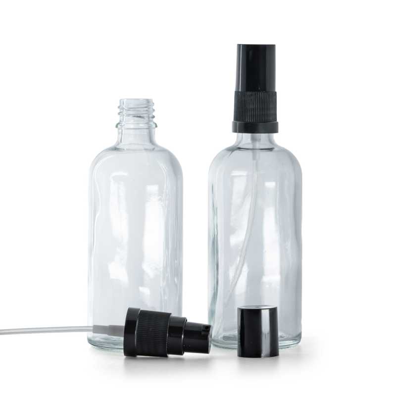 Botella de vidrio, transparente, dispensador de loción, negra, 100 ml