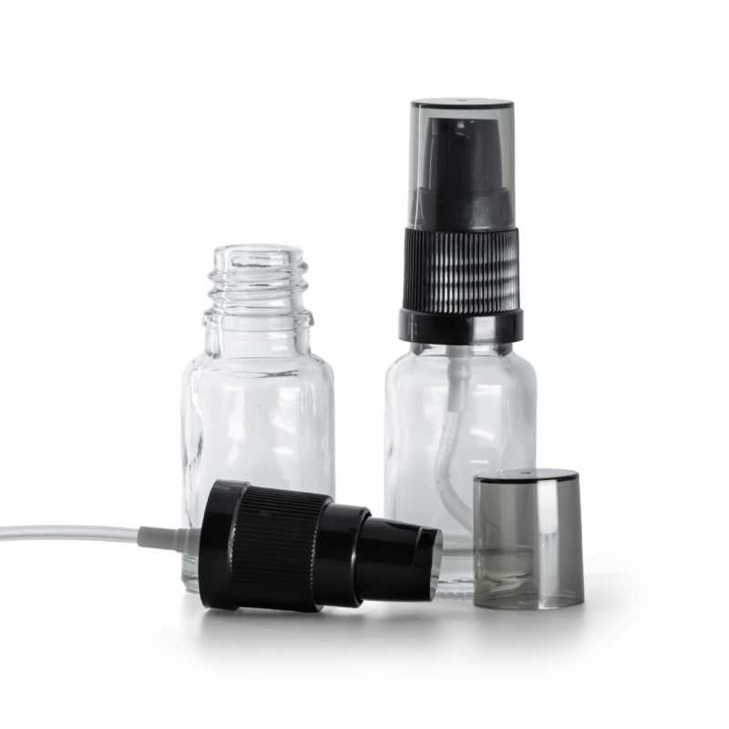 Frasco de vidrio transparente, bomba para loción con sobretapa ahumada, 10 ml