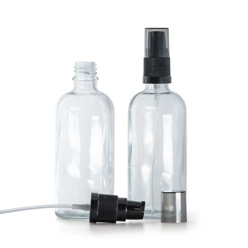 Frasco de vidrio transparente, dispensador de crema con sobretapa ahumada, 100 ml