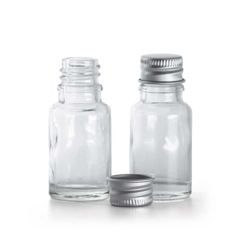 Frasco de vidrio transparente, tapón de aluminio, 10 ml