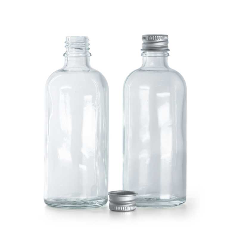 Frasco de vidrio transparente, tapón de aluminio plateado, 100 ml