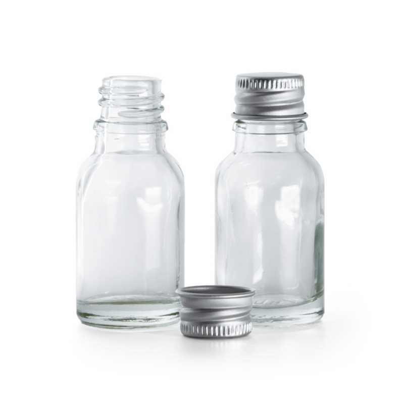 Frasco de vidrio transparente, tapón de aluminio, 15 ml