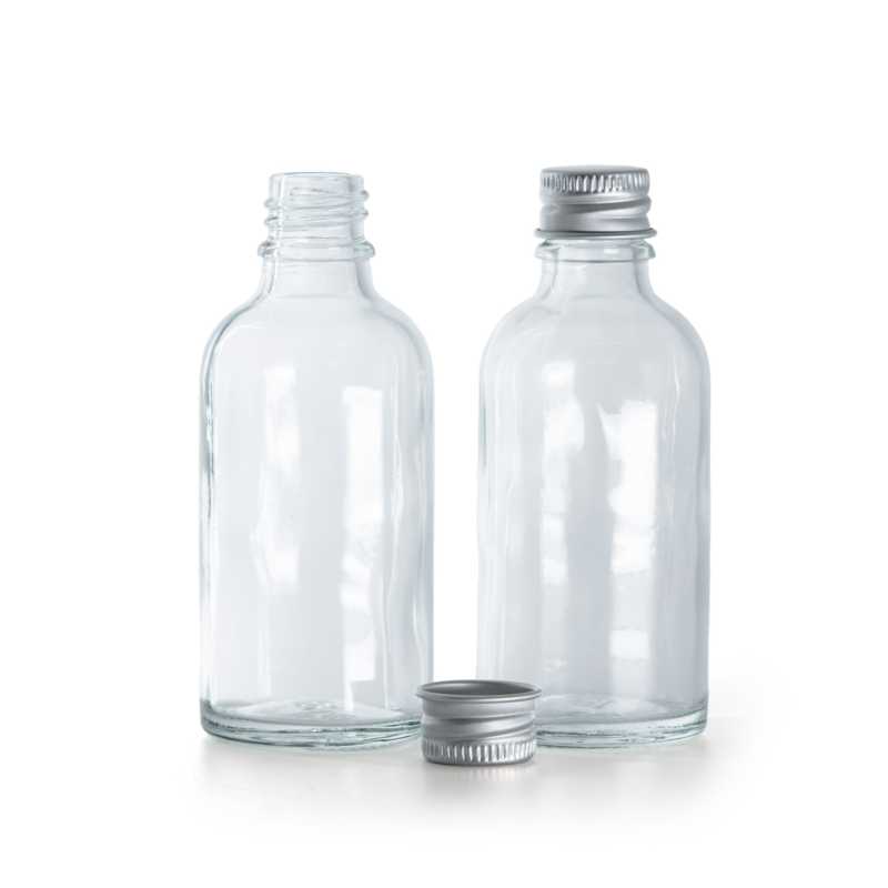 Frasco de vidrio transparente, tapón de aluminio, 30 ml