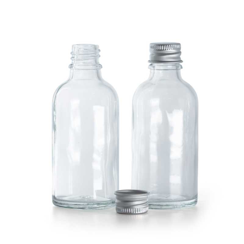 Frasco de vidrio transparente, tapón de aluminio, 50 ml