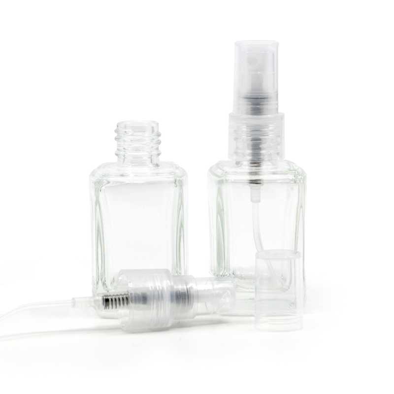 Botella de vidrio, transparente, cuadrada, 10 ml, pulverizador transparente