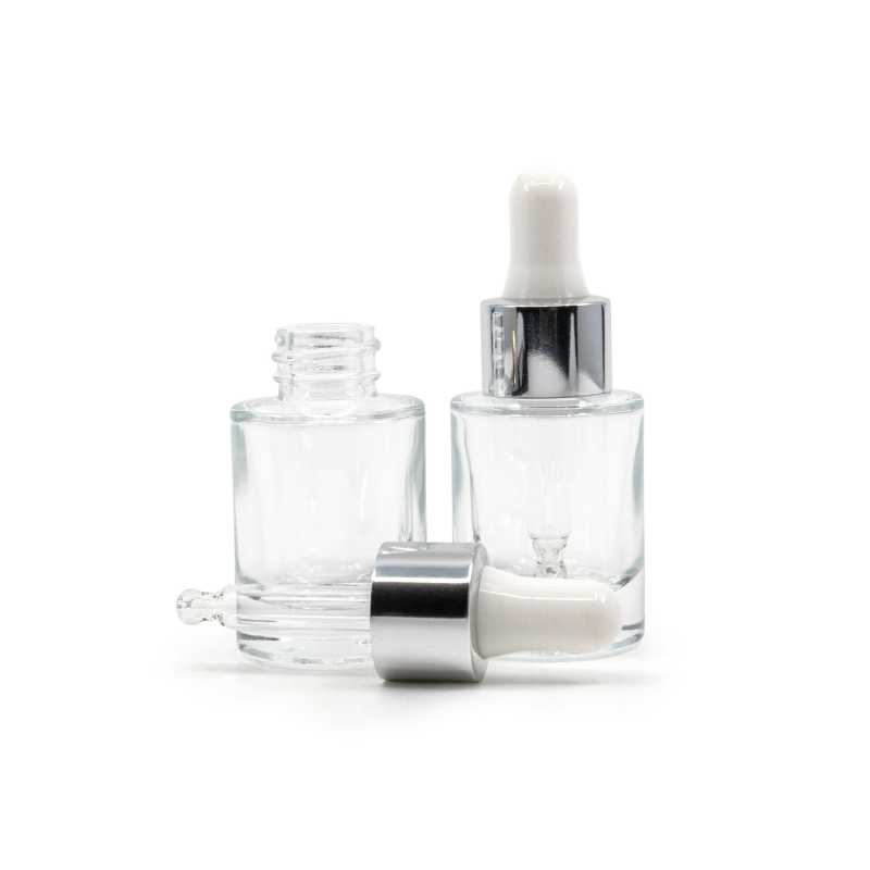 Frasco de vidrio, transparente, fondo grueso, cuentagotas blanco plateado, 10 ml