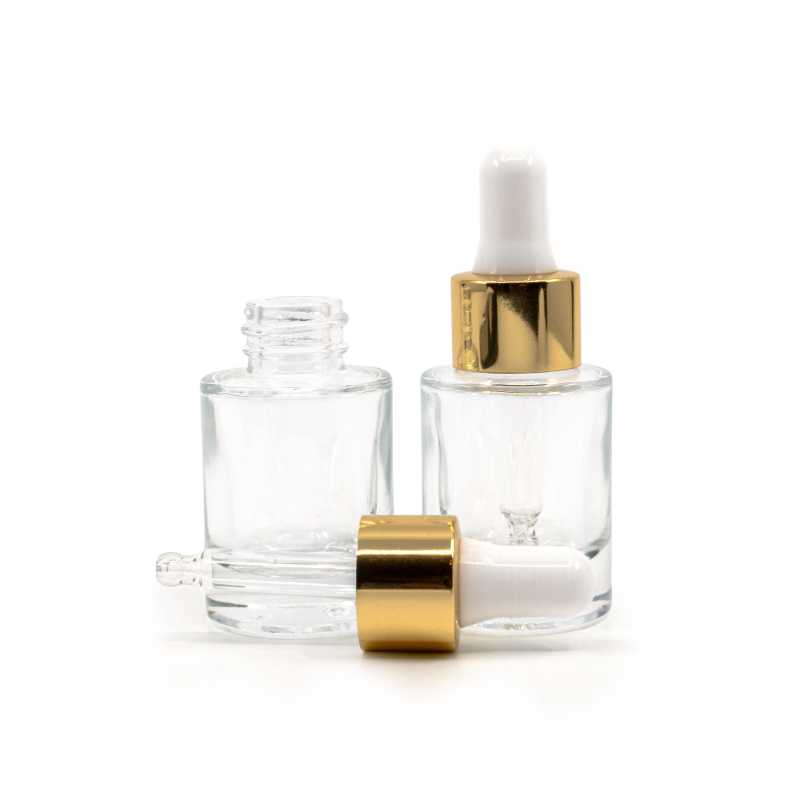 Botella de vidrio, transparente, fondo grueso, cuentagotas blanco dorado, 10 ml