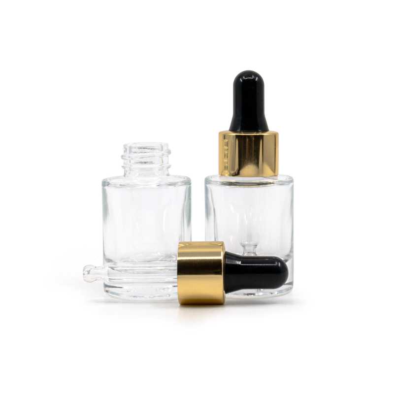 Frasco de vidrio, transparente, fondo grueso, cuentagotas negro dorado, 10 ml