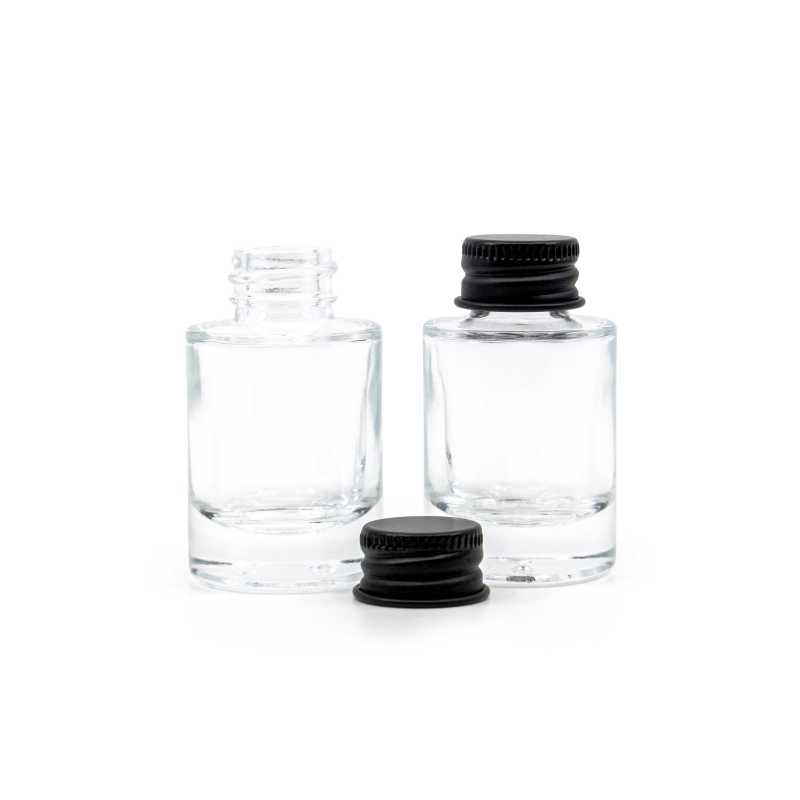 Botella de vidrio, transparente, fondo grueso, tapón de aluminio negro, 10 ml