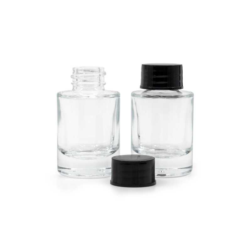 Botella de vidrio, transparente, fondo grueso, tapón negro, 10 ml