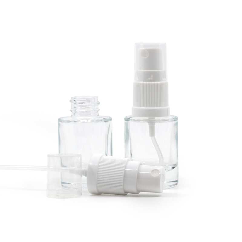 Botella de vidrio, transparente, fondo grueso, pulverizador blanco, 10 ml