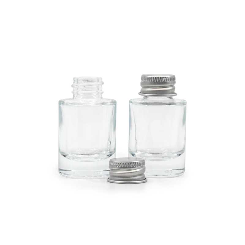 Botella de vidrio, transparente, fondo grueso, tapón de aluminio plateado, 10 ml