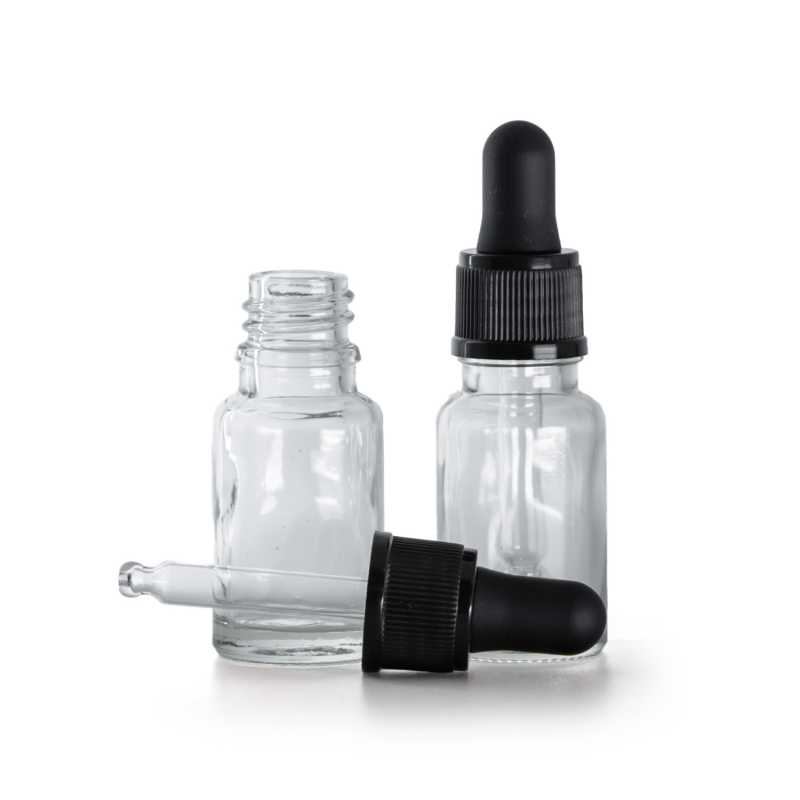 Botella de vidrio, transparente, cuentagotas negro, 10 ml