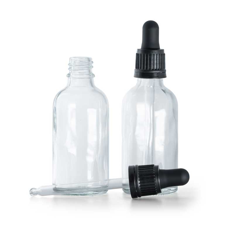 Frasco de vidrio, transparente, cuentagotas negro, 50 ml