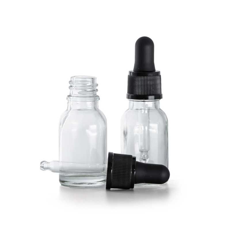 Botella de vidrio, transparente, cuentagotas negro mate, 15 ml