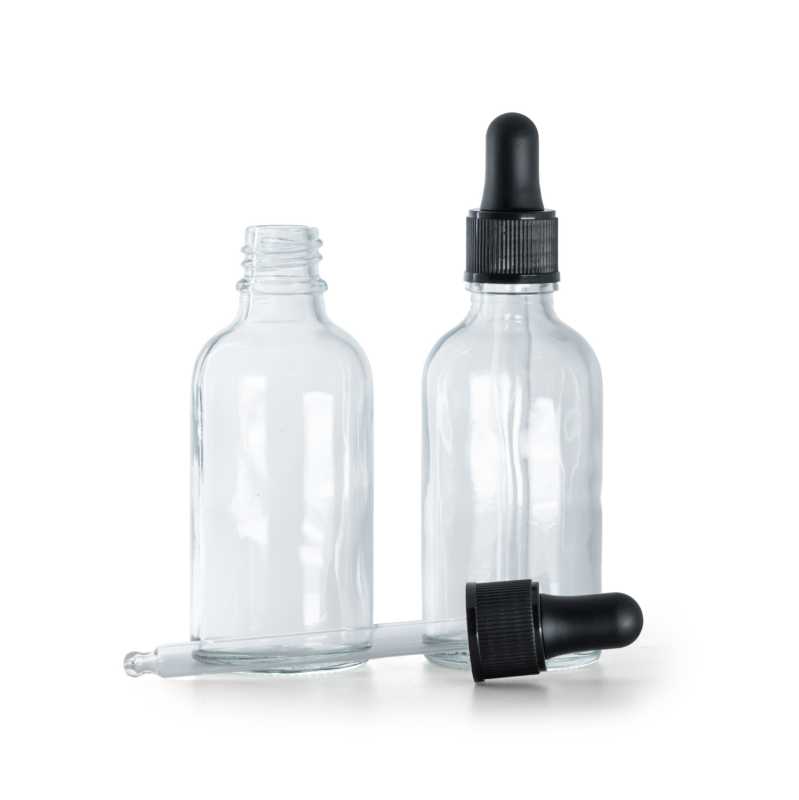 Botella de vidrio, transparente, cuentagotas negro mate, 30 ml