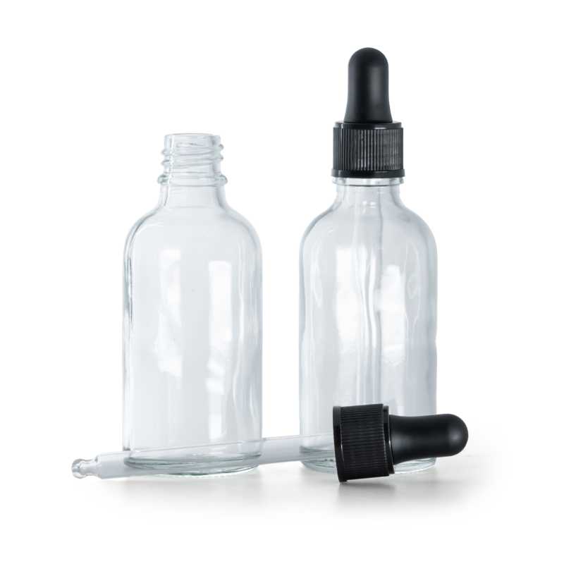 Botella de vidrio, transparente, cuentagotas negro mate, 50 ml