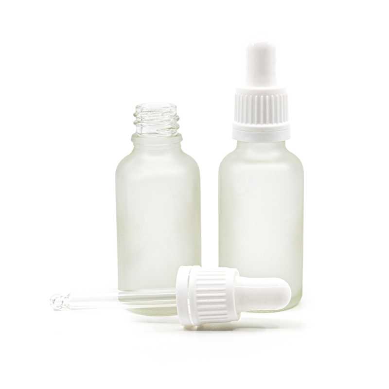 Frasco de vidrio, esmerilado transparente, cuentagotas blanco, 30 ml