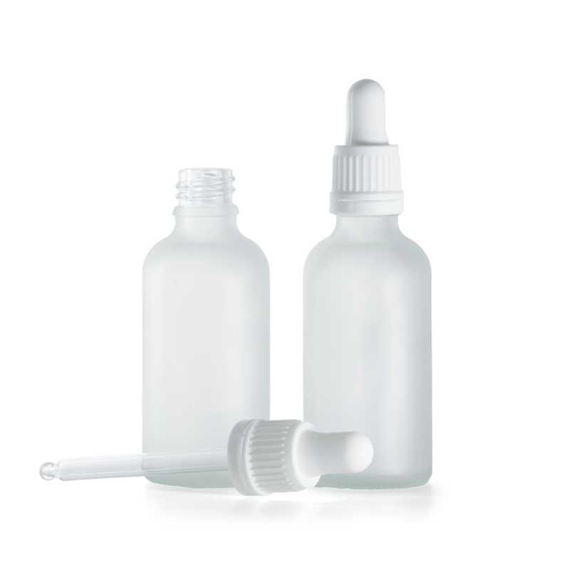 Botella de vidrio, transparente esmerilada, gotero blanco, 50 ml