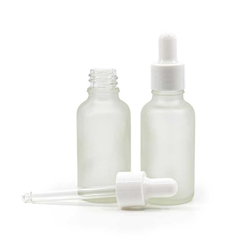 Botella de vidrio, translúcida esmerilada, gotero blanco brillante, 30 ml