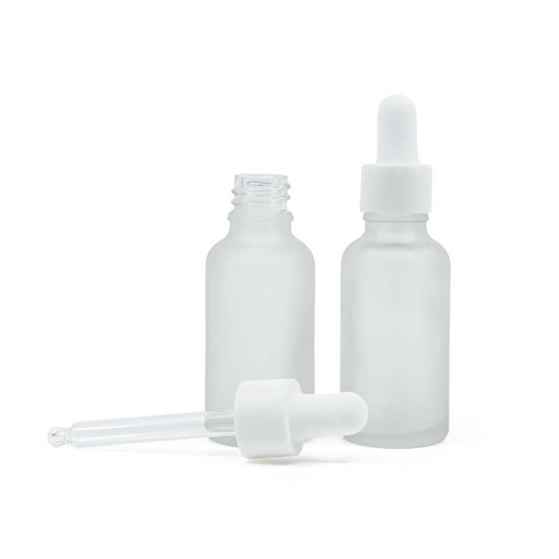 Botella de vidrio, transparente esmerilada, cuentagotas liso blanco mate, 30 ml