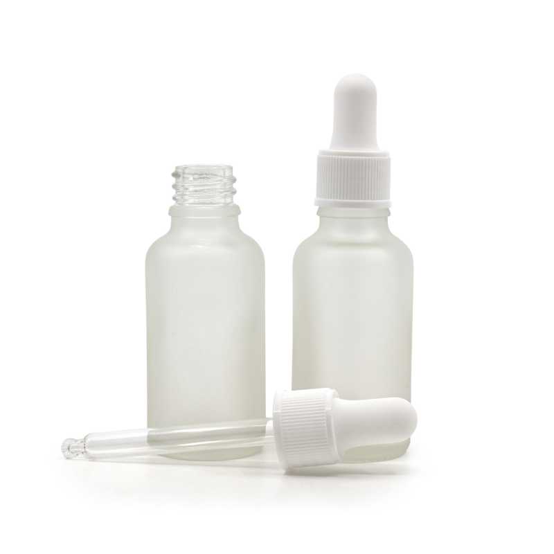 Frasco de vidrio, transparente esmerilado, gotero blanco mate, 30 ml